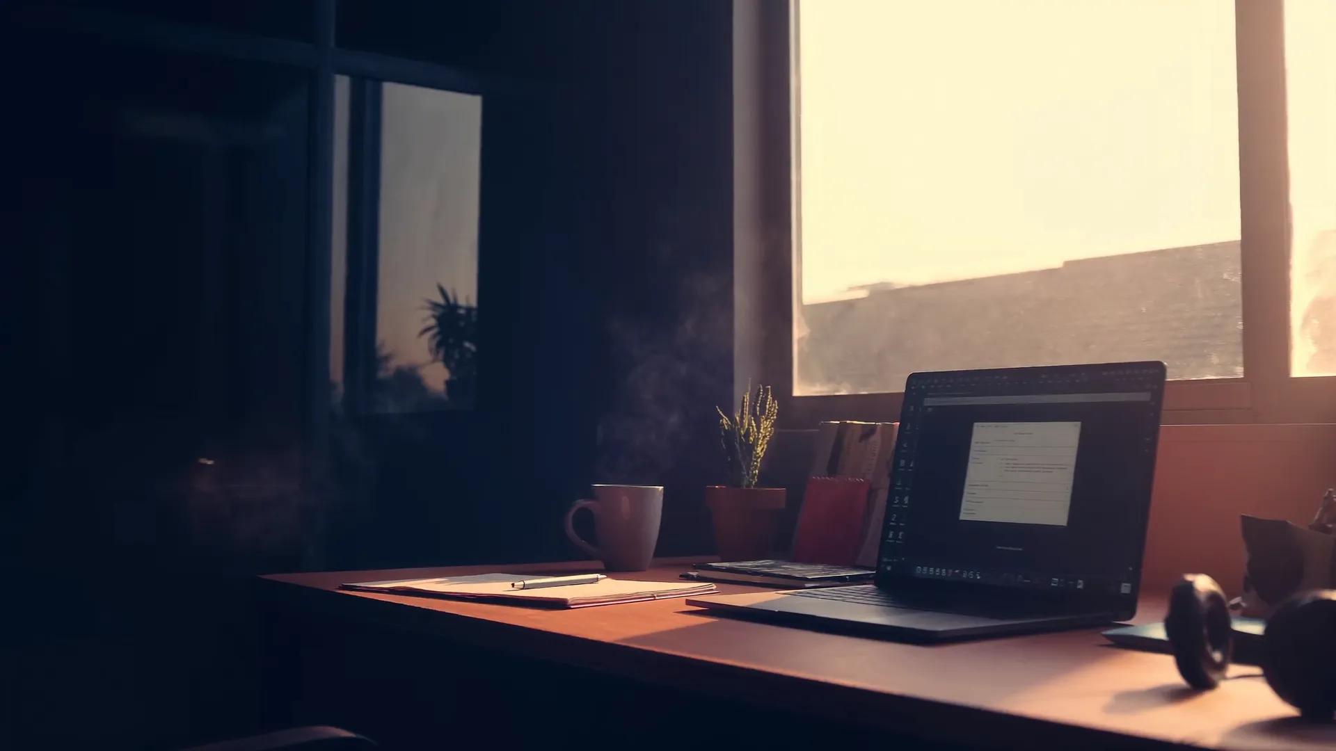 Cinematischer Studienplatz im Morgenlicht: aufgeklappter Laptop am Fenster
