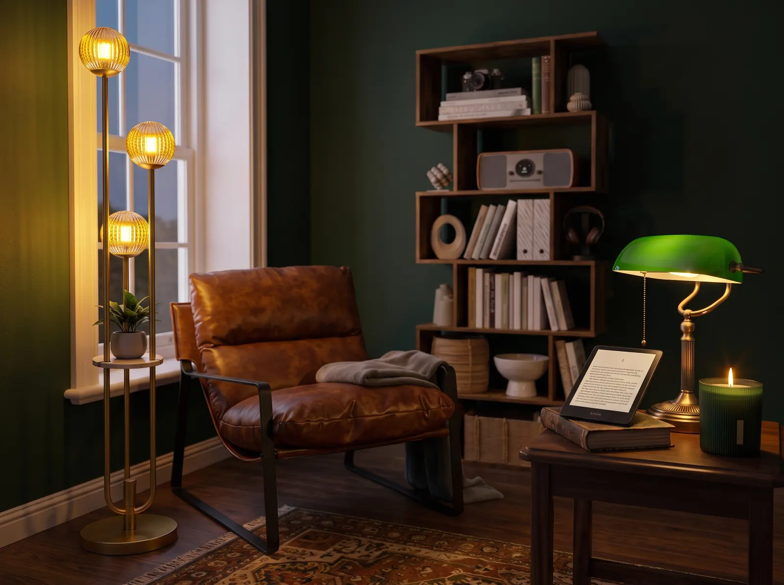 Warme Stehlampe hinter dem Sessel und grüne Bibliotheks-Tischlampe mit Messingfuß sorgen für gedimmtes Licht.
