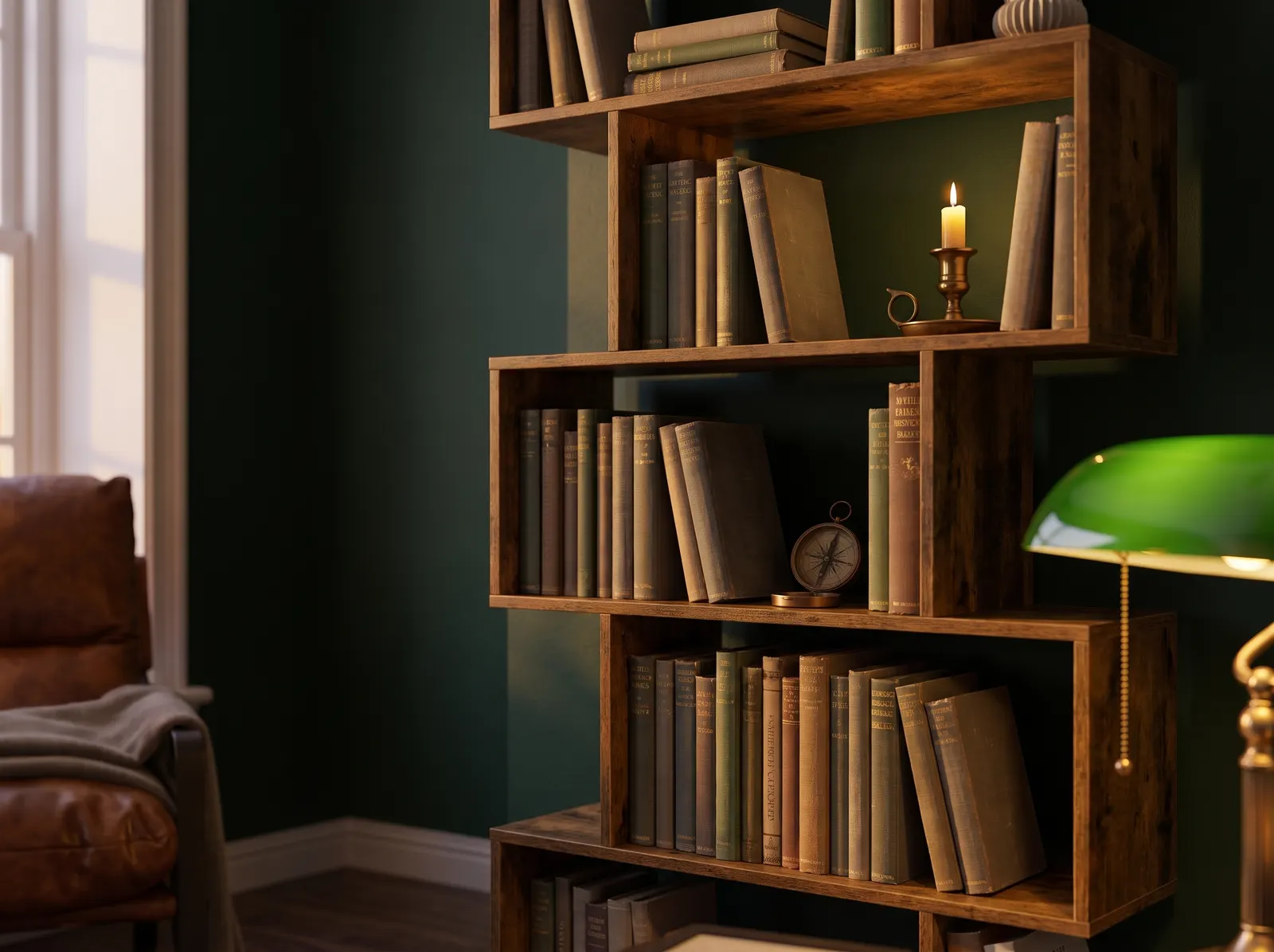 Dunkles Holzregal mit gestapelten gebundenen Büchern, Windlicht und kleinen Objekten im Dark-Academia-Stil.