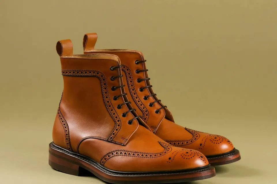 Hellbraune Full-Brogue-Stiefel im Studio mit sichtbarer Rahmennaht und mehrlagiger Sohlenkante