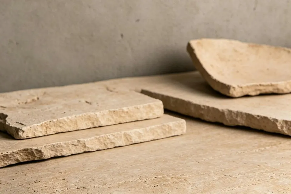 Gestapelte beige Travertinplatten mit deutlich sichtbaren Poren und rohen Bruchkanten, dazu eine flache Steinschale