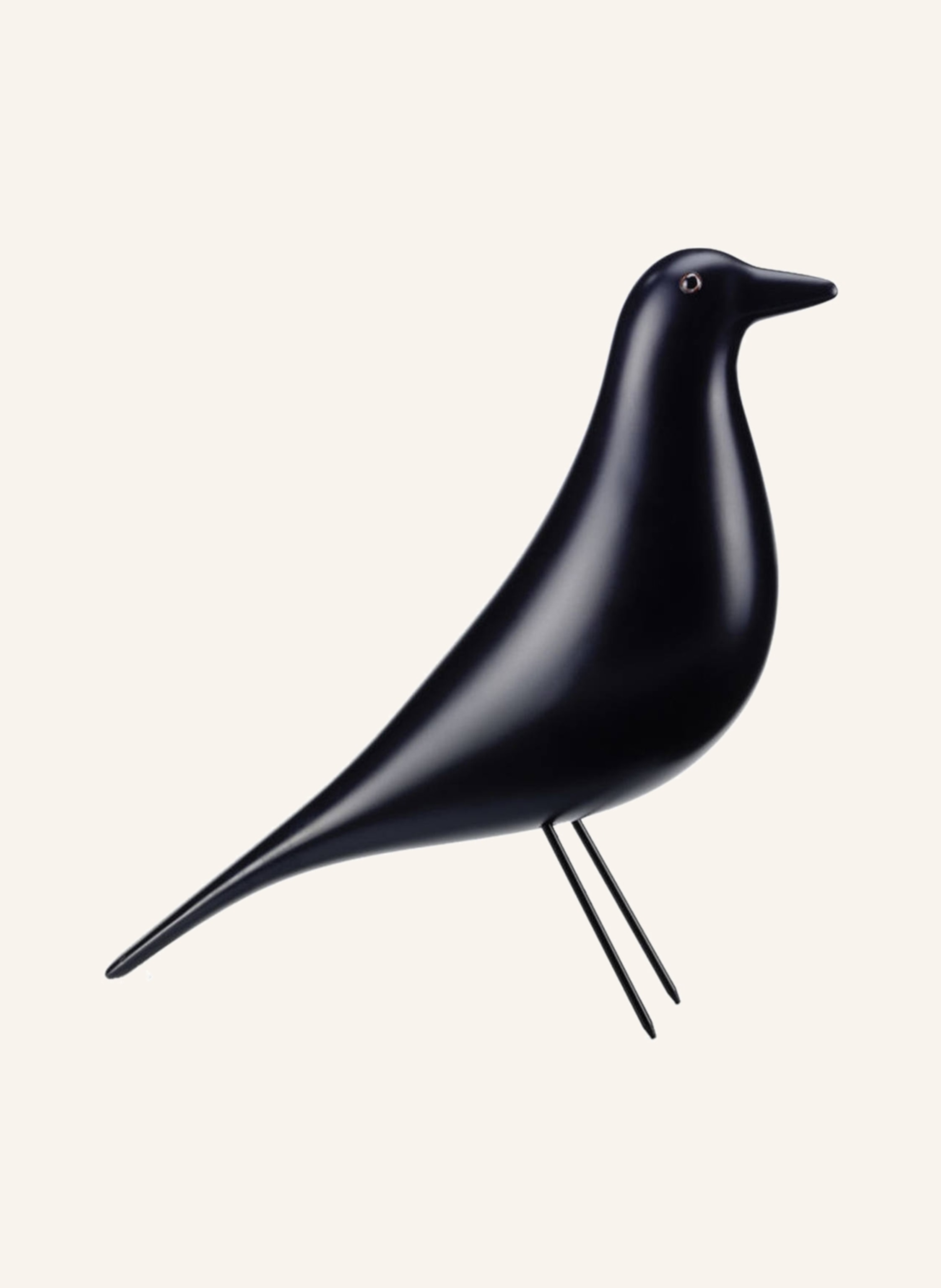 Vitra Eames House Bird, schwarze Vogelfigur mit lackiertem Holzkorpus und Drahtbeinen, freigestellt