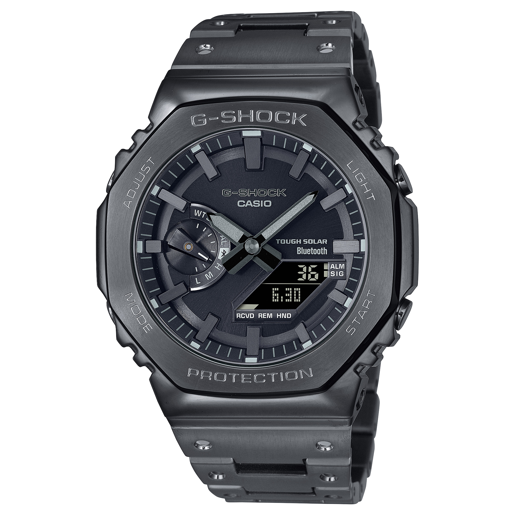 Casio G-SHOCK GM-B2100BD-1A, achteckiges Gehaeuse und Band aus Edelstahl in Schwarz, freigestellt