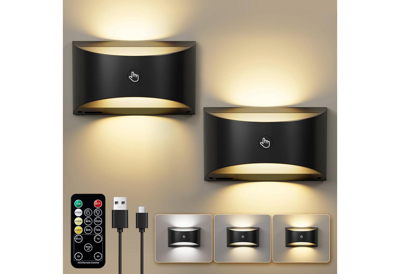 Futicare LED Wandleuchte kabellos magnetisch, 3 Farben dimmbar